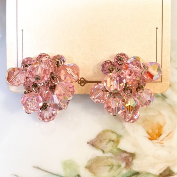 Vintage LAGUNA Pink Crystal Clip Cluster Earring - Picture 2 of 7